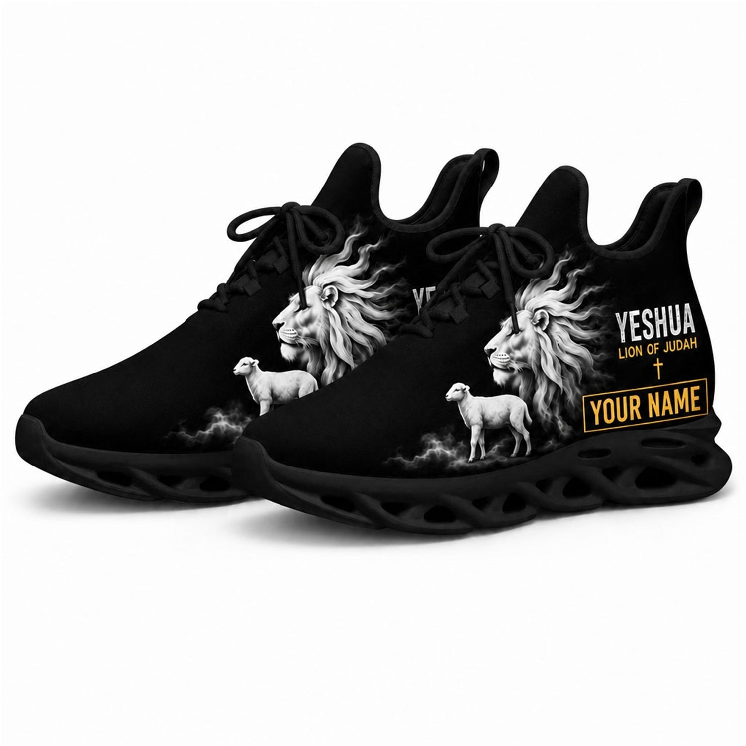 Angled studio shot of the black-soled religious athletic sneakers highlighting the white lion mane art and "Lion of Judah" golden text