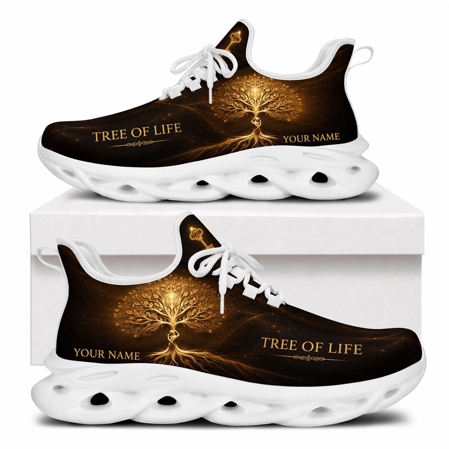 Side profile of the spiritual gifts sneakers showing the majestic glowing tree roots, golden key motif, and a crisp white traction outsole
