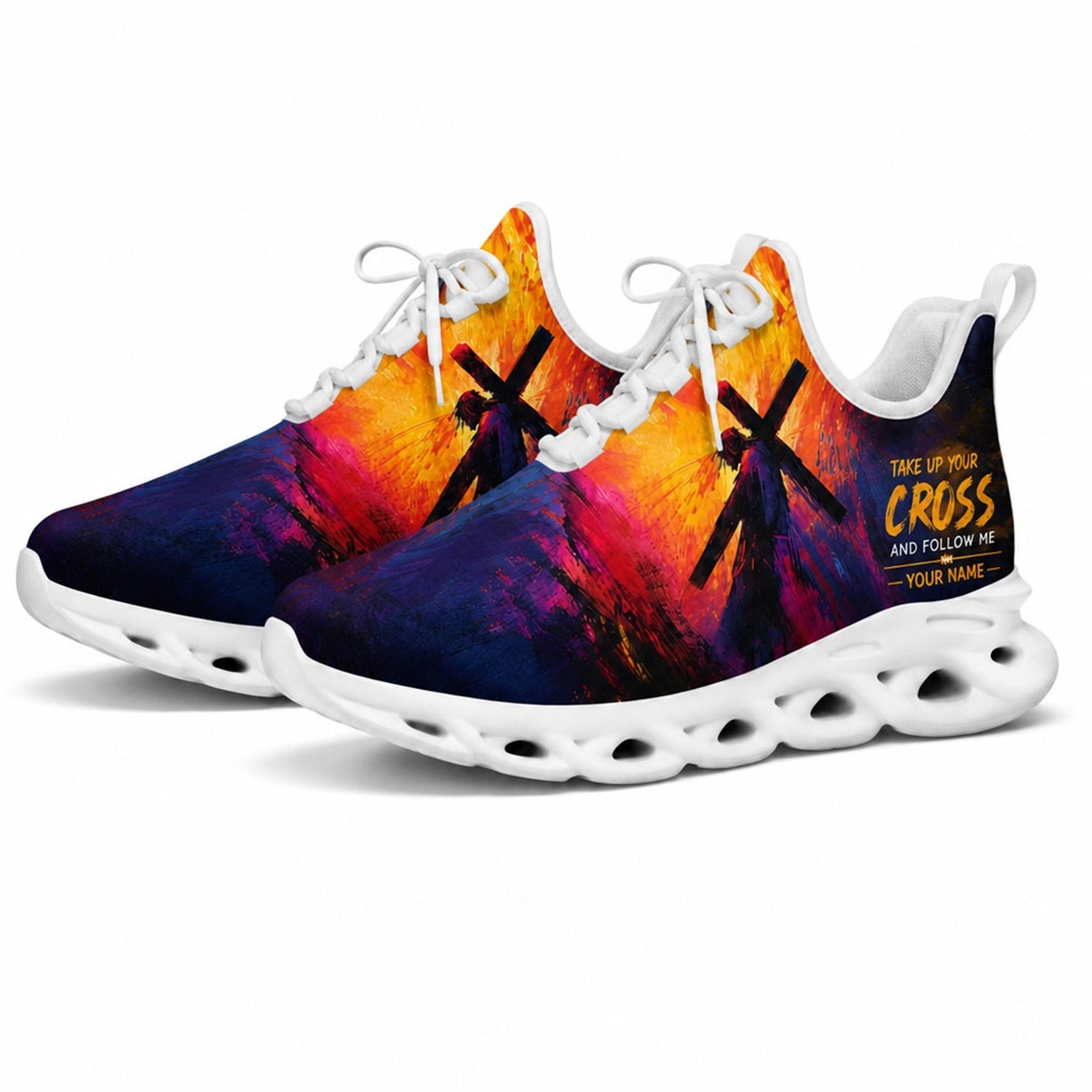 Studio 3/4 angle of gym sneakers featuring a cross-bearing design on white soles