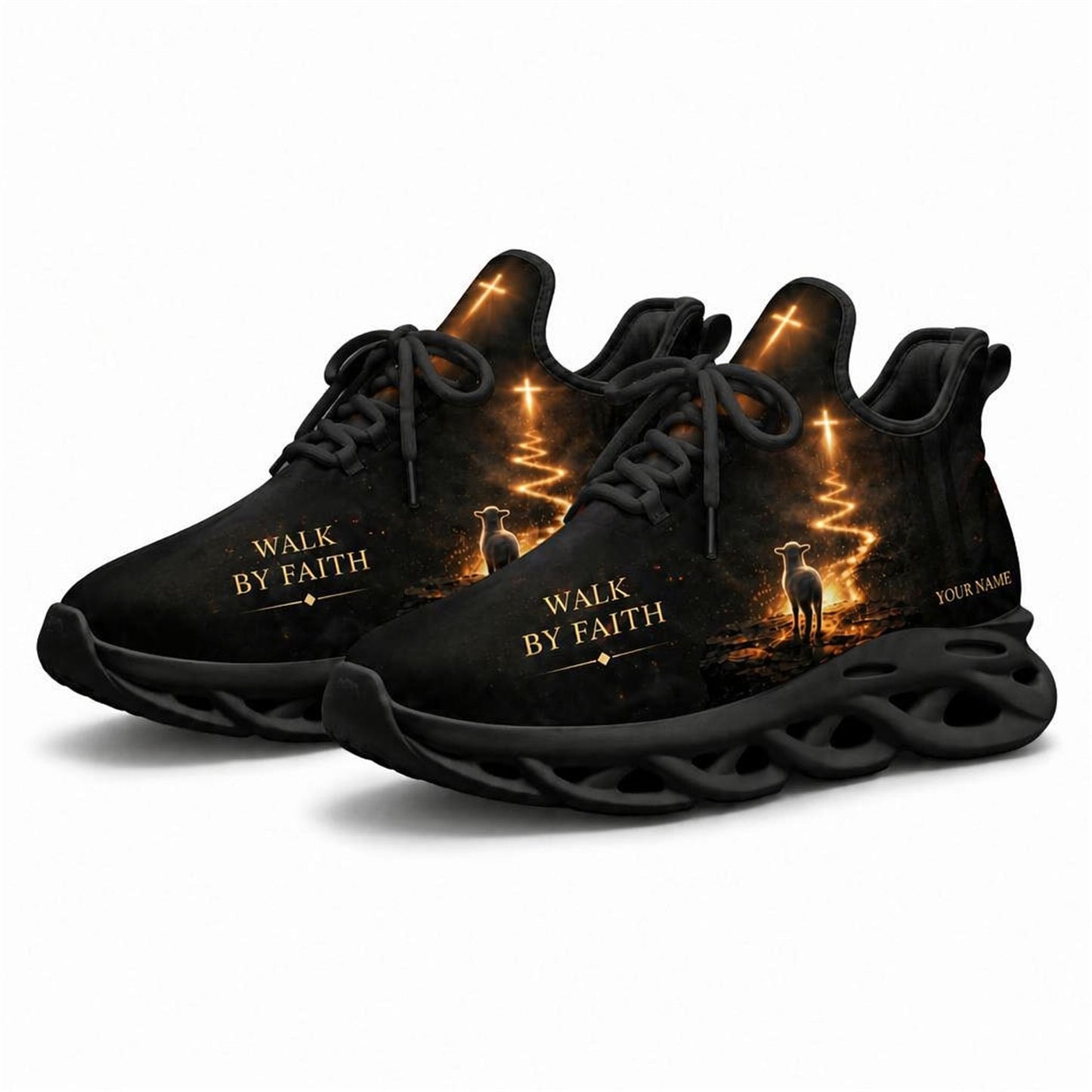 Angled studio shot of black-soled religious footwear featuring the "Walk By Faith" lamb design