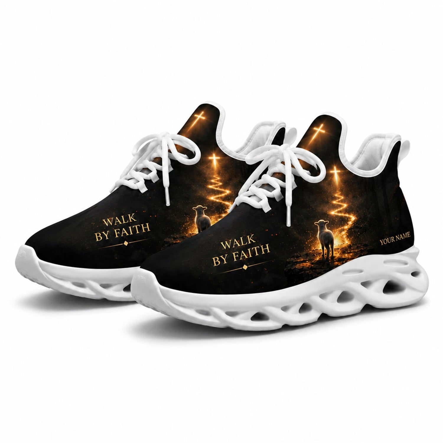 Studio 3/4 angle of gym sneakers with "Walk By Faith" lamb graphic on white soles