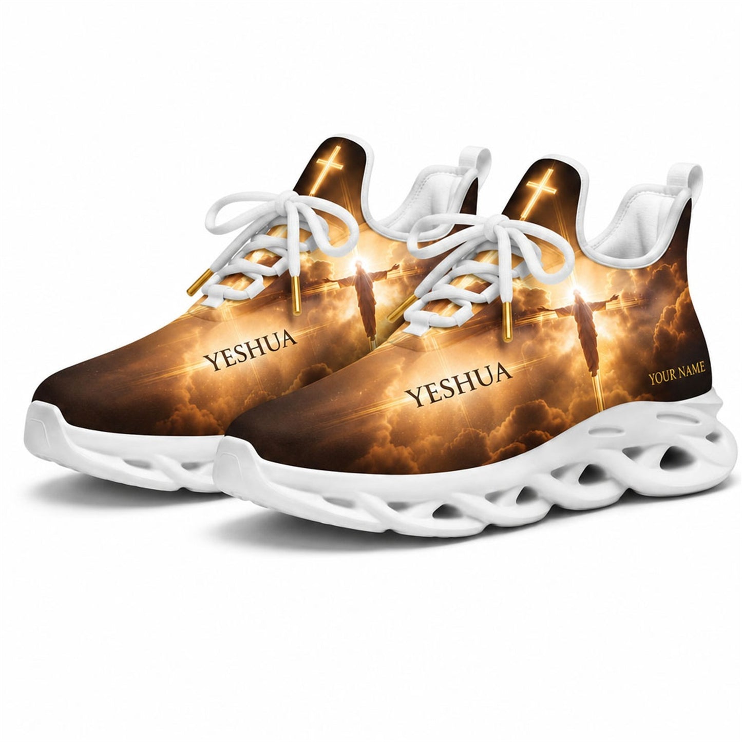 Studio 3/4 angle of gym sneakers featuring Yeshua divine light graphic on white soles