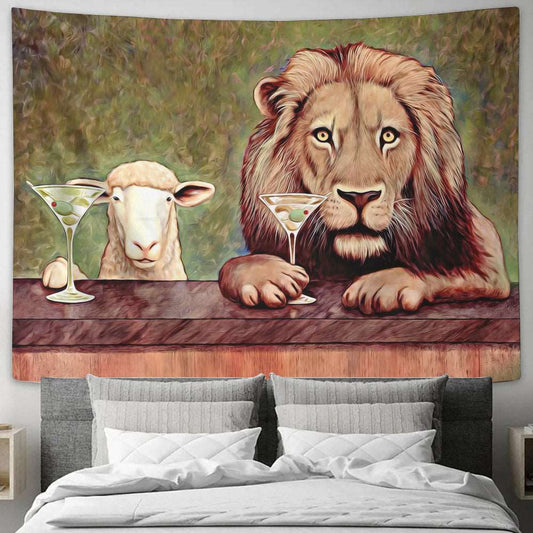 A Lion and a Lamb Walk Into a Bar - Christian Tapestry - Christian Wall Tapestry - Religious Wall Decor - Ciaocustom