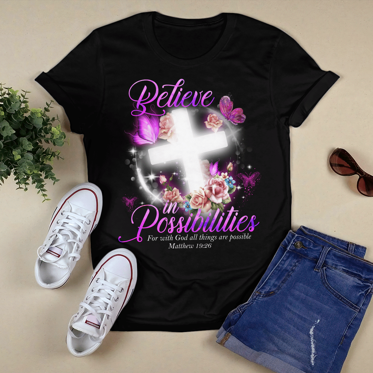 Believe In Possibilities - Cross And Flowers T-shirt - Jesus T-Shirt - Christian Shirts For Men & Women - Ciaocustom