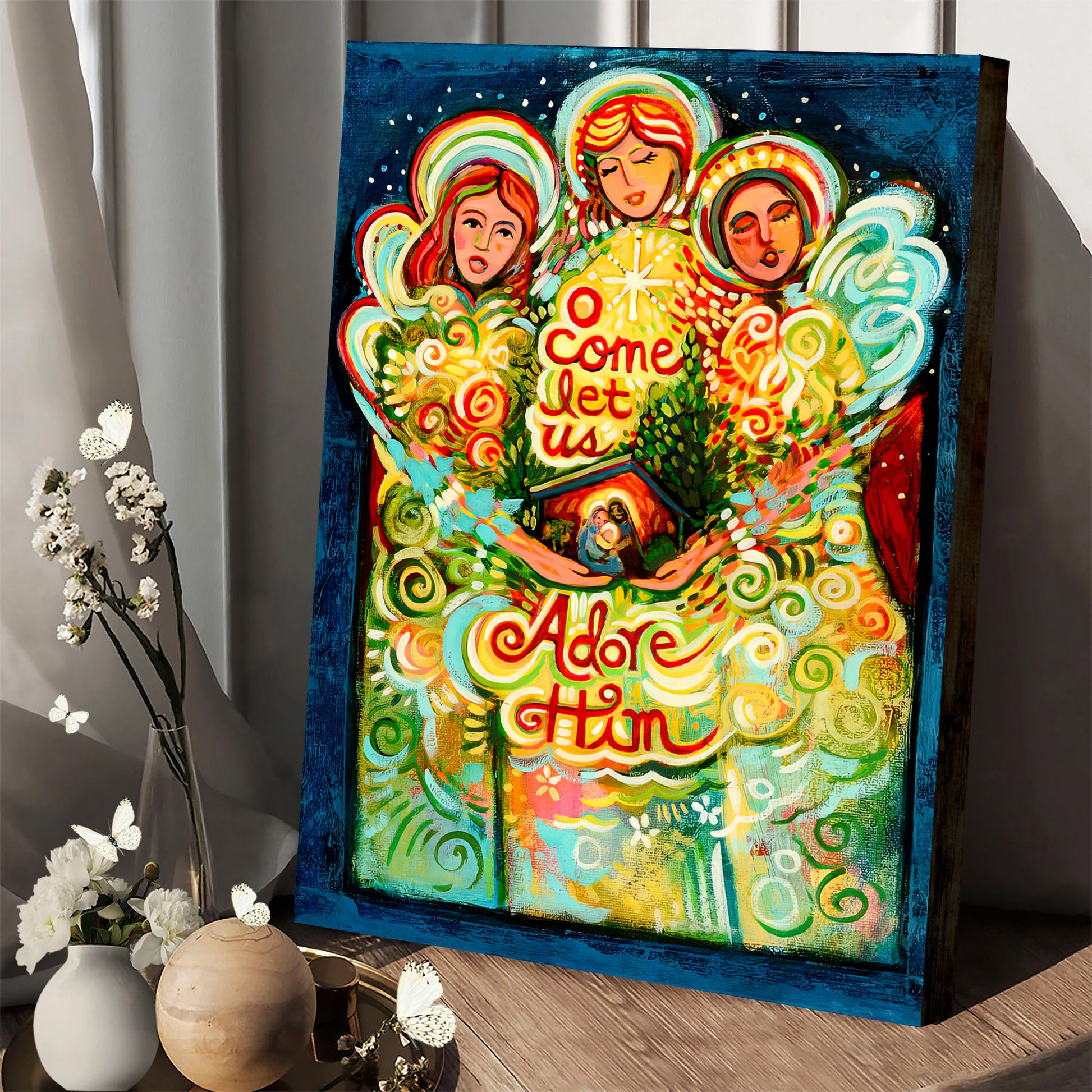 O Come Let Us Adore Him With Angels Canvas - Religious Posters - Ciaocustom