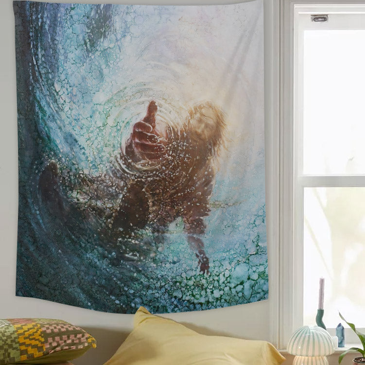 The Hand of God Tapestry - Jesus Reaching Into Water Pictures - Religious Tapestry - Christian Wall Art - Tapestry Wall Hanging - Ciaocustom