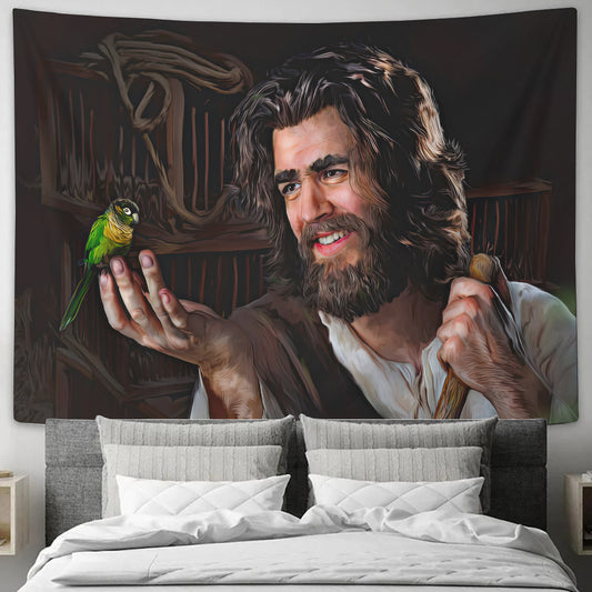 Jesus With Bird - Religious Wall Decor - Christian Wall Tapestry - God Tapestry - Ciaocustom