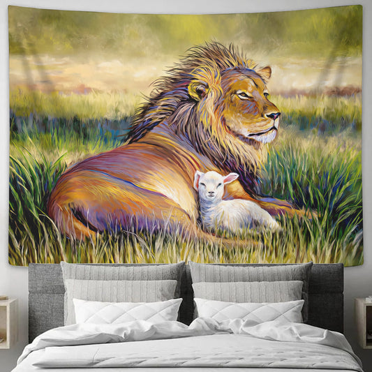Lion And Lamb - Religious Wall Decor - Christian Wall Tapestry - God Tapestry - Ciaocustom