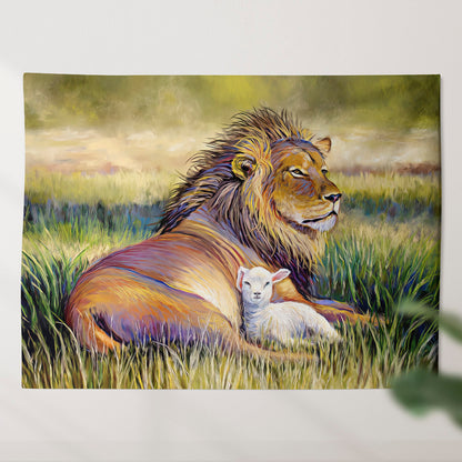 Lion And Lamb - Religious Wall Decor - Christian Wall Tapestry - God Tapestry - Ciaocustom
