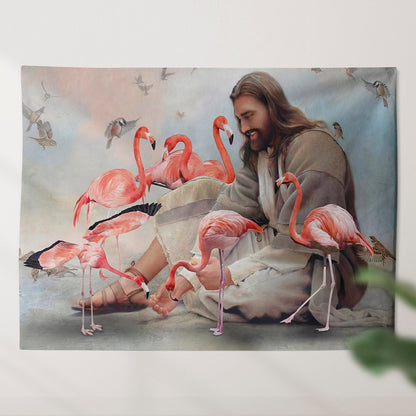 God Surrounded By Flamingos Angels Tapestry - Jesus Tapestry - Religious Tapestry - Jesus Wall Art - Christian Wall Tapestry - Ciaocustom