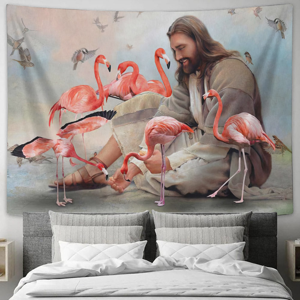 God Surrounded By Flamingos Angels Tapestry - Jesus Tapestry - Religious Tapestry - Jesus Wall Art - Christian Wall Tapestry - Ciaocustom