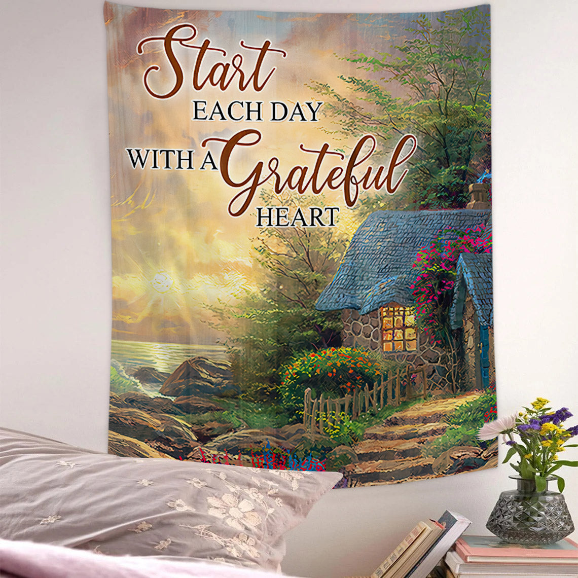 Start Each Day With A Grateful Heart Tapestry - Religious Tapestry Wall Hangings - Christian Wall Art - Tapestry Wall Hanging - Ciaocustom