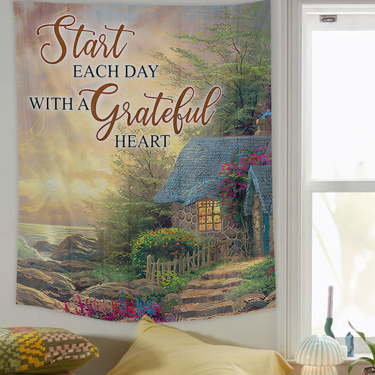 Start Each Day With A Grateful Heart Tapestry - Religious Tapestry Wall Hangings - Christian Wall Art - Tapestry Wall Hanging - Ciaocustom