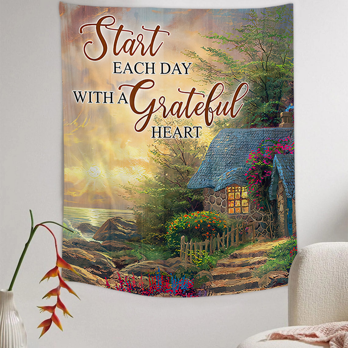 Start Each Day With A Grateful Heart Tapestry - Religious Tapestry Wall Hangings - Christian Wall Art - Tapestry Wall Hanging - Ciaocustom