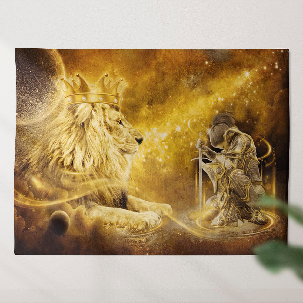 Christian Lion And Female Warrior Tapestry - Knight Of God - Jesus Tapestry - Christian Wall Tapestry - Religious Tapestry - Home Decor - Ciaocustom