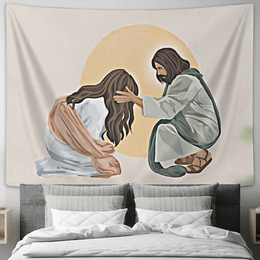 Woman Kneeling Before Jesus - Jesus Tapestry - Picture Of Jesus With Woman - Religious Tapestry Wall Hangings - Gift For Christian - Ciaocustom