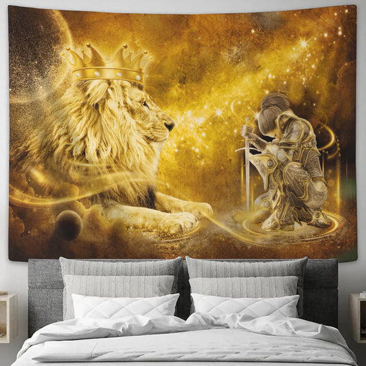 Christian Lion And Female Warrior Tapestry - Knight Of God - Jesus Tapestry - Christian Wall Tapestry - Religious Tapestry - Home Decor - Ciaocustom