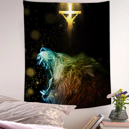 Jesus Lion Jesus Cross Tapestry - God Tapestry - Christian Tapestry - Christian Tapestry Wall Hanging - Religious Tapestry Wall Hangings - Ciaocustom