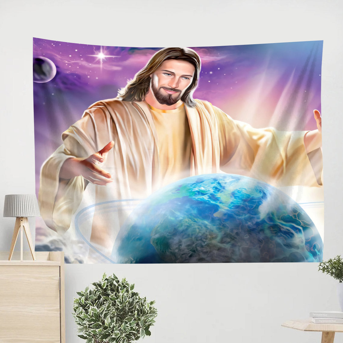 Jesus With Earth - Tapestry Wall Hanging - Jesus Christ Tapestry Wall Art - Christian Wall Art - Ciaocustom