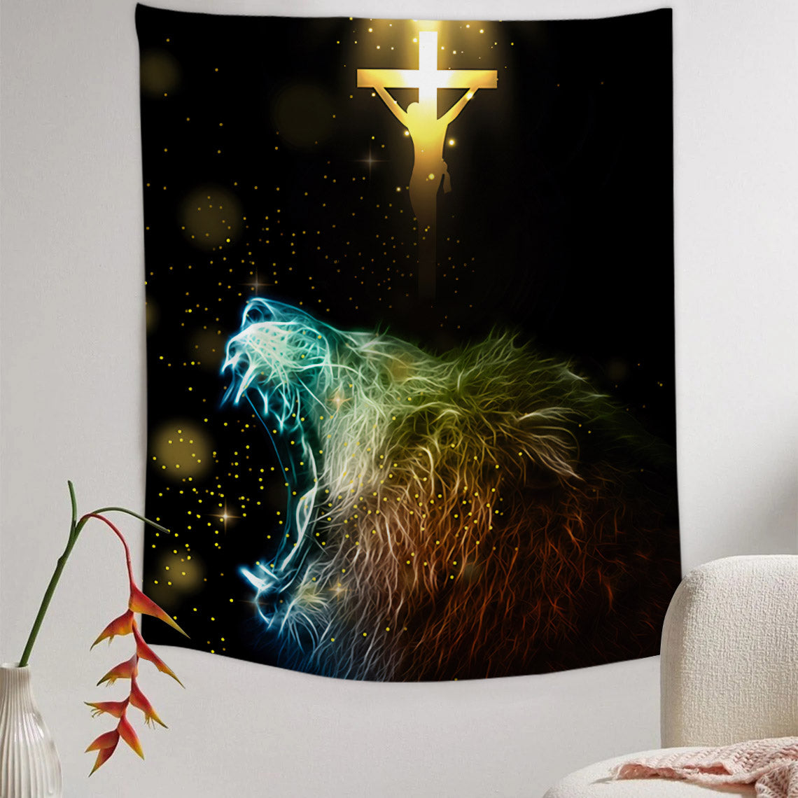 Jesus Lion Jesus Cross Tapestry - God Tapestry - Christian Tapestry - Christian Tapestry Wall Hanging - Religious Tapestry Wall Hangings - Ciaocustom