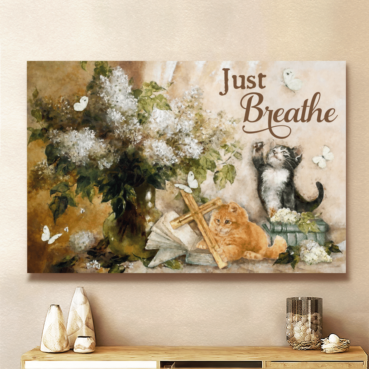 Just Breathe, Flower, Cat, Cross, Book, Butterfly, God Canvas, Christian Wall Art