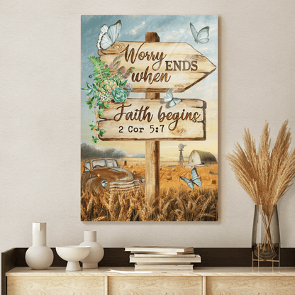 Worry Ends When Faith Begins, Old Car, Butterfly, Countryside, God Canvas, Christian Wall Art