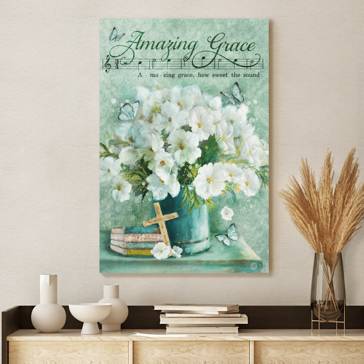 Amazing Grace, Flower, Cross, Book, Butterfly, God Canvas, Christian Wall Art