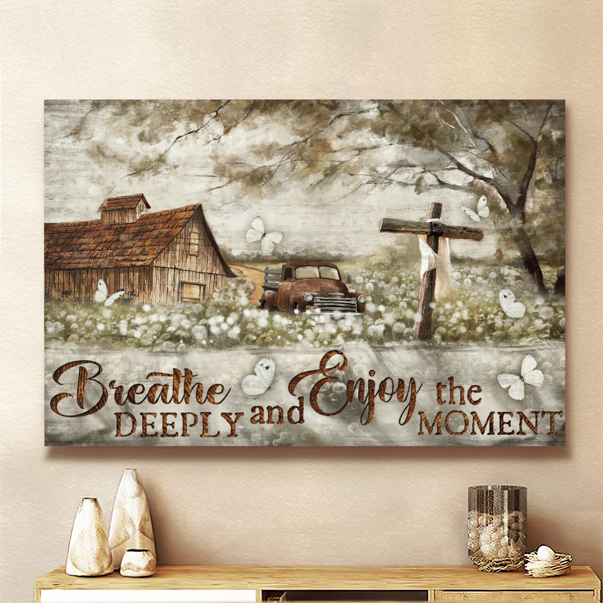 Breathe Deeply And Enjoy The Moment, Contryside, Old Car, Cross, Butterfly, God Canvas, Christian Wall Art