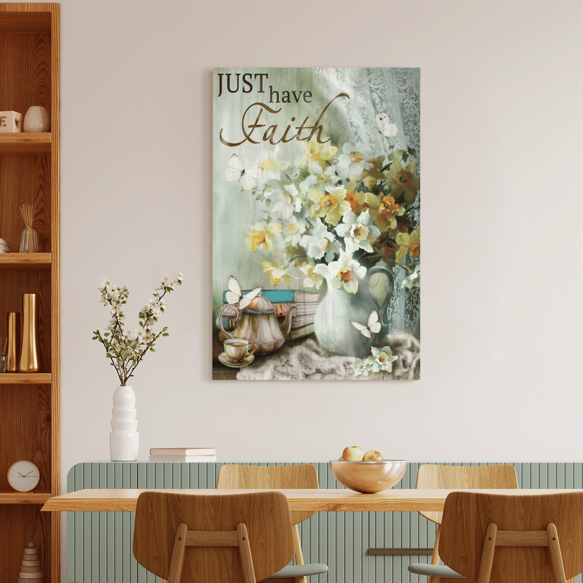 Just Have Faith, Vase, Flower, Butterfly, God Canvas, Christian Wall Art
