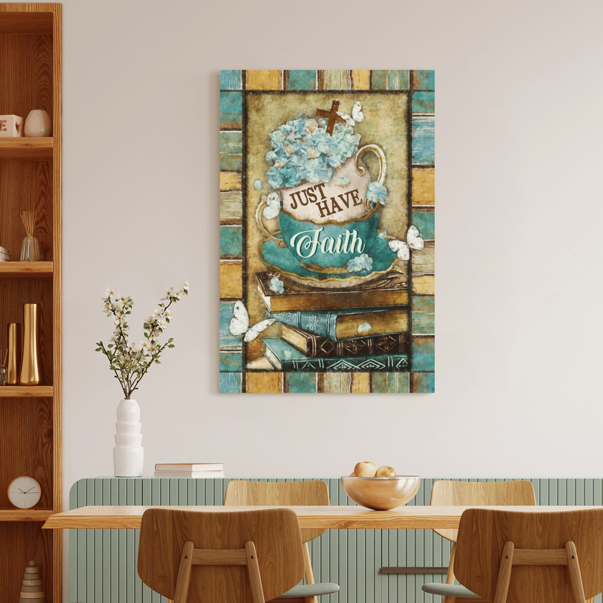 Just Have Faith, Vintage Tea Cup, Book, Butterfly, God Canvas, Christian Wall Art, Home Decor