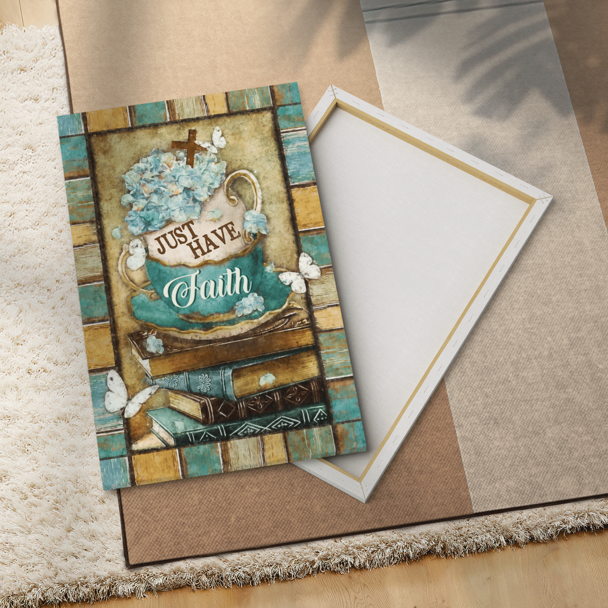 Just Have Faith, Vintage Tea Cup, Book, Butterfly, God Canvas, Christian Wall Art, Home Decor