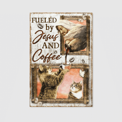 Fueled By Jesus And Coffee, Cat, Jesus, God Canvas, Christian Wall Art