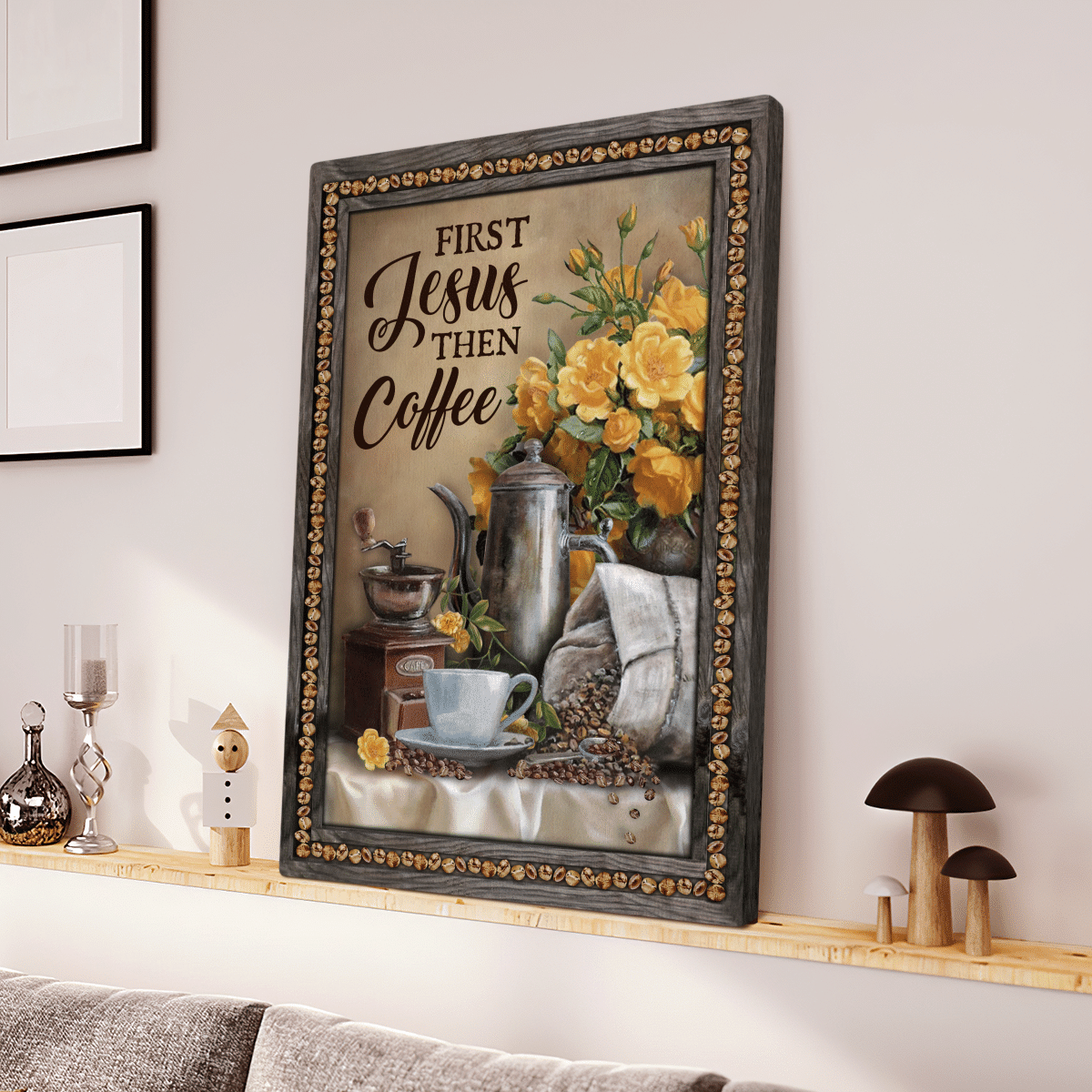First Jesus Then Coffee, Flower, Cafe, Cup, God Canvas, Christian Wall Art