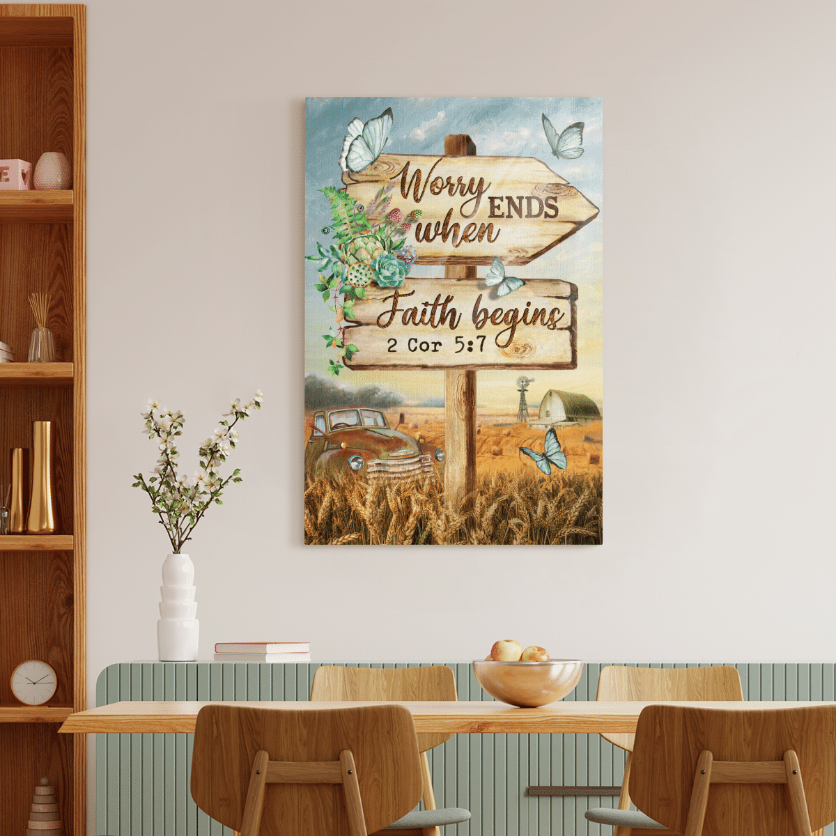 Worry Ends When Faith Begins, Old Car, Butterfly, Countryside, God Canvas, Christian Wall Art