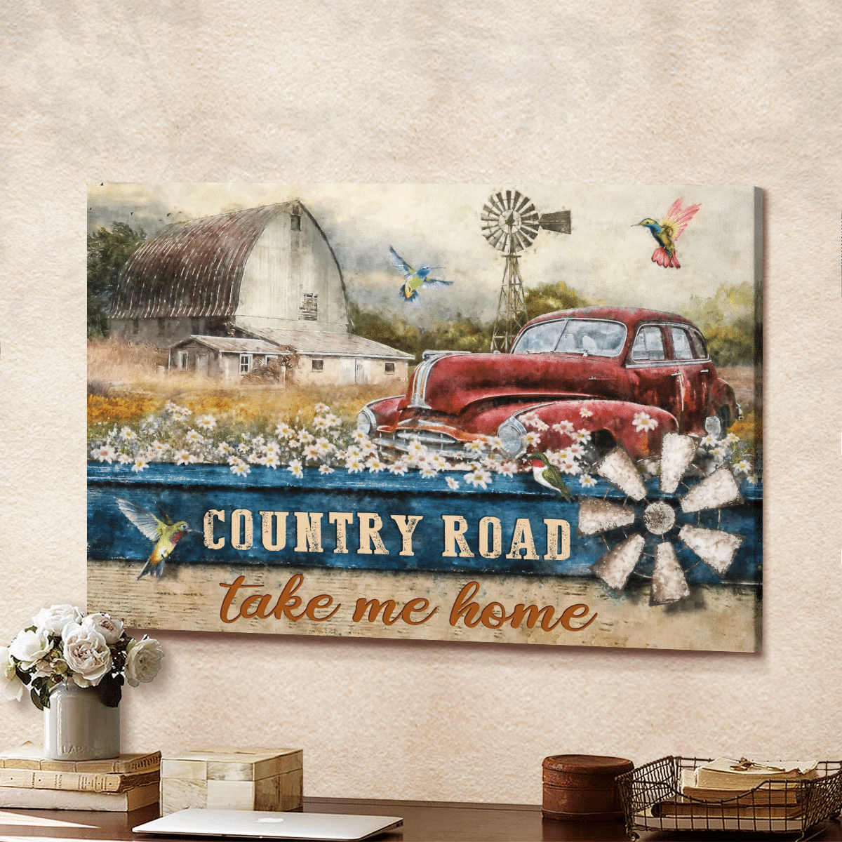 Country Road Take Me Home, Old Car, Countryside, Hummingbird, Flower, God Canvas, Christian Wall Art