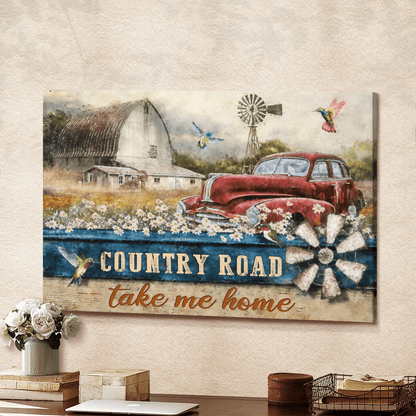 Country Road Take Me Home, Old Car, Countryside, Hummingbird, Flower, God Canvas, Christian Wall Art