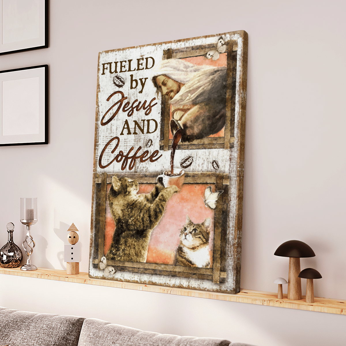 Fueled By Jesus And Coffee, Cat, Jesus, God Canvas, Christian Wall Art