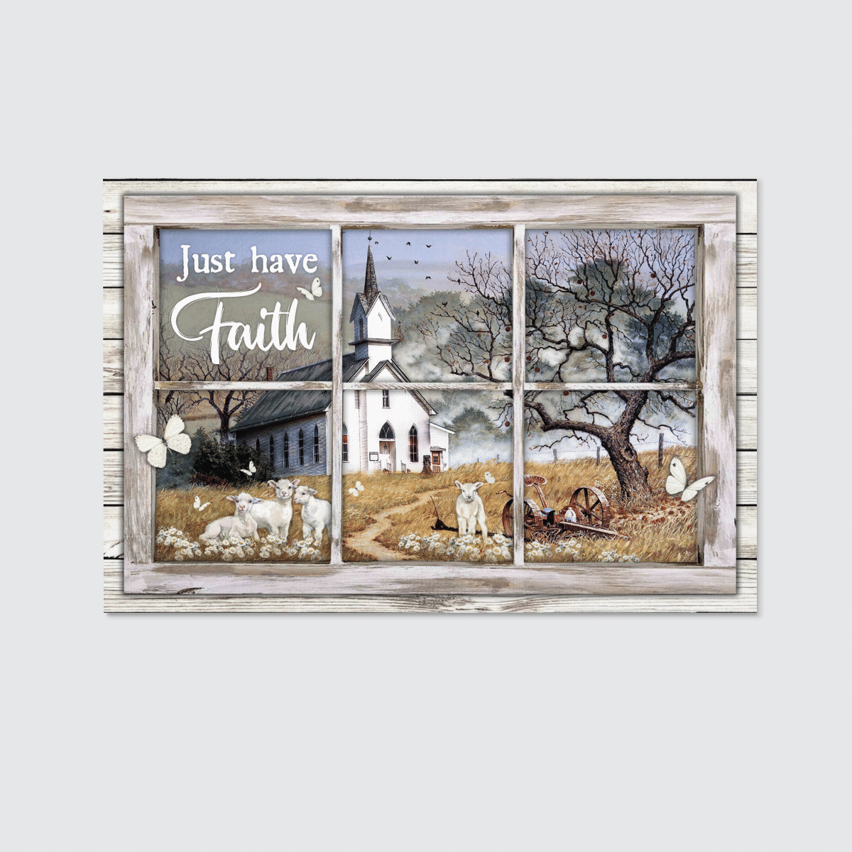 Just Have Faith, White Church, Sheep, Butterfly, Countryside, God Canvas, Christian Wall Art