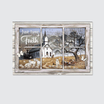 Just Have Faith, White Church, Sheep, Butterfly, Countryside, God Canvas, Christian Wall Art