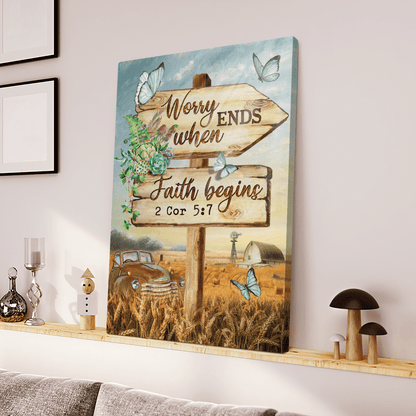 Worry Ends When Faith Begins, Old Car, Butterfly, Countryside, God Canvas, Christian Wall Art