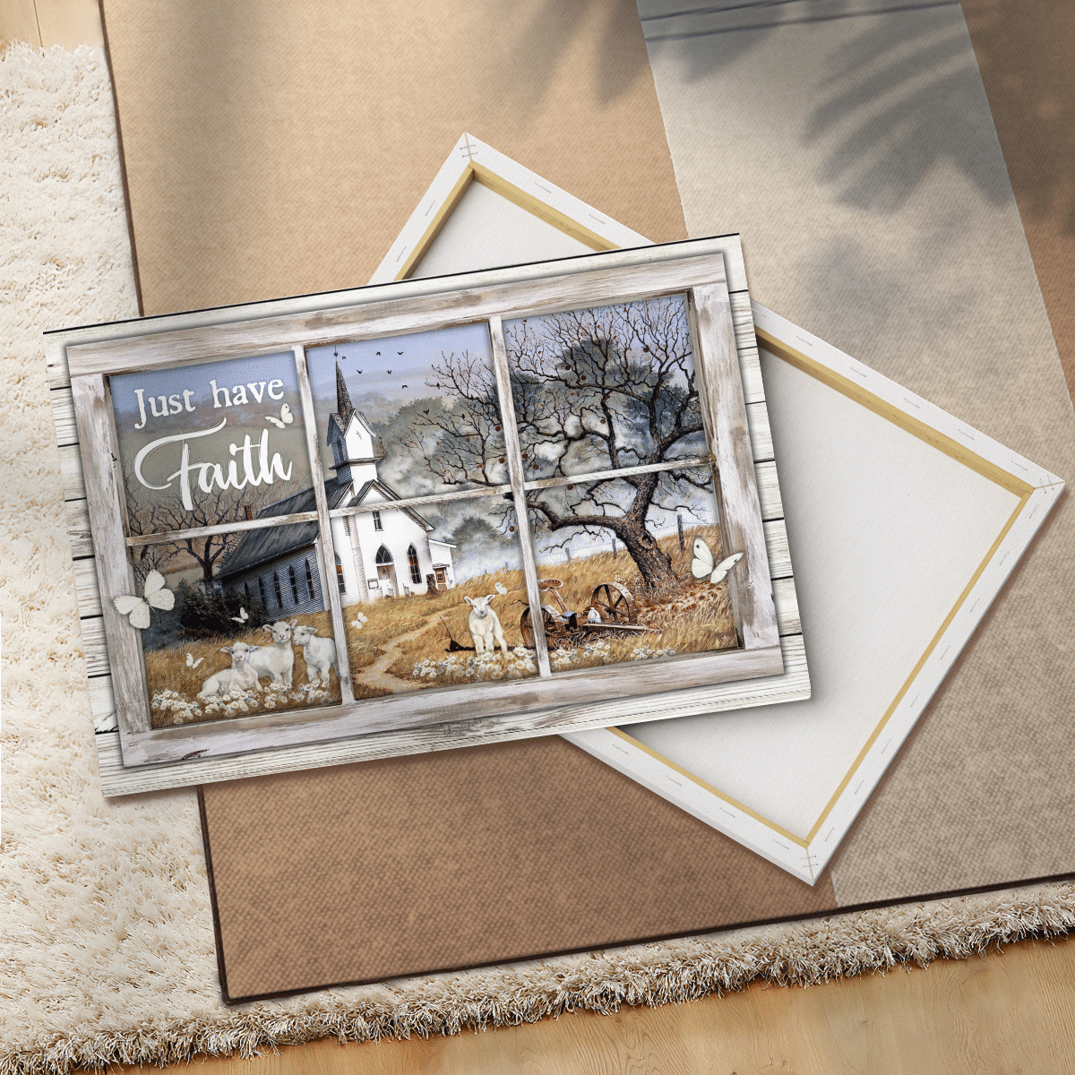 Just Have Faith, White Church, Sheep, Butterfly, Countryside, God Canvas, Christian Wall Art