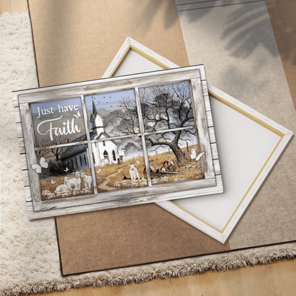Just Have Faith, White Church, Sheep, Butterfly, Countryside, God Canvas, Christian Wall Art