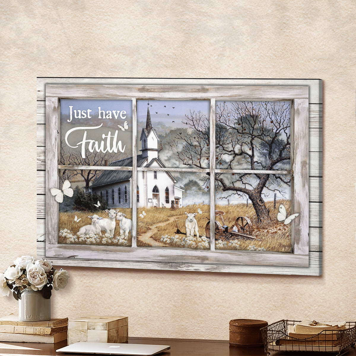 Just Have Faith, White Church, Sheep, Butterfly, Countryside, God Canvas, Christian Wall Art