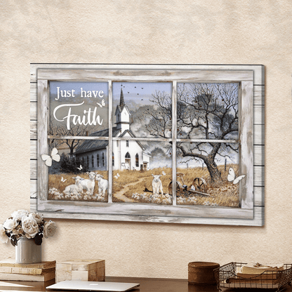 Just Have Faith, White Church, Sheep, Butterfly, Countryside, God Canvas, Christian Wall Art