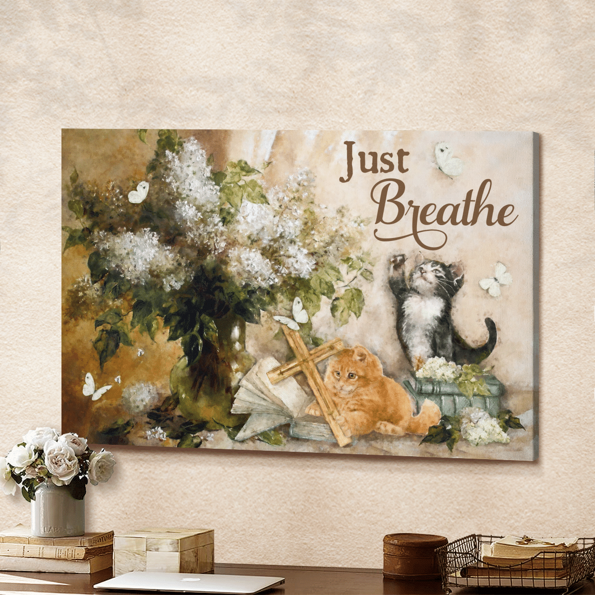 Just Breathe, Flower, Cat, Cross, Book, Butterfly, God Canvas, Christian Wall Art