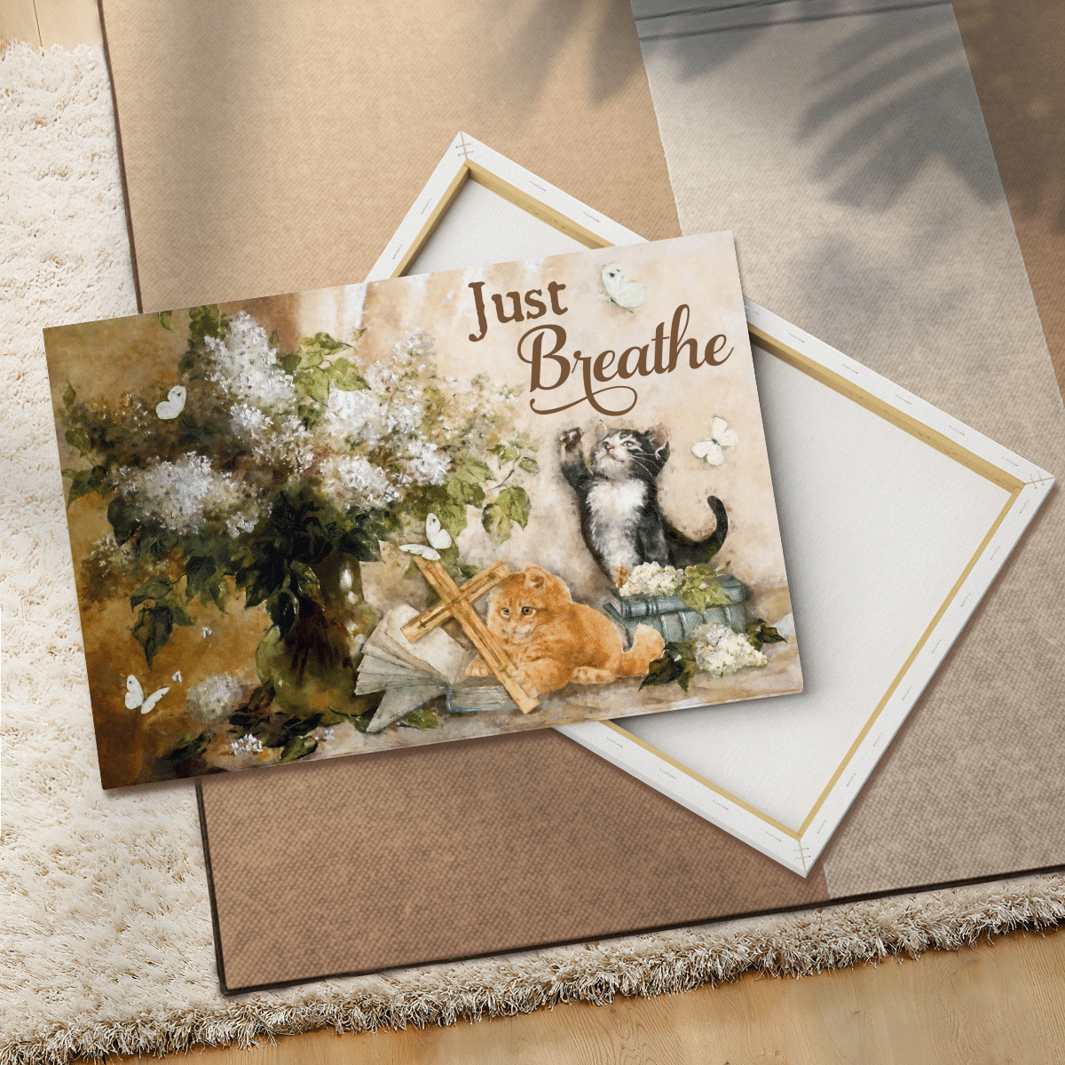 Just Breathe, Flower, Cat, Cross, Book, Butterfly, God Canvas, Christian Wall Art