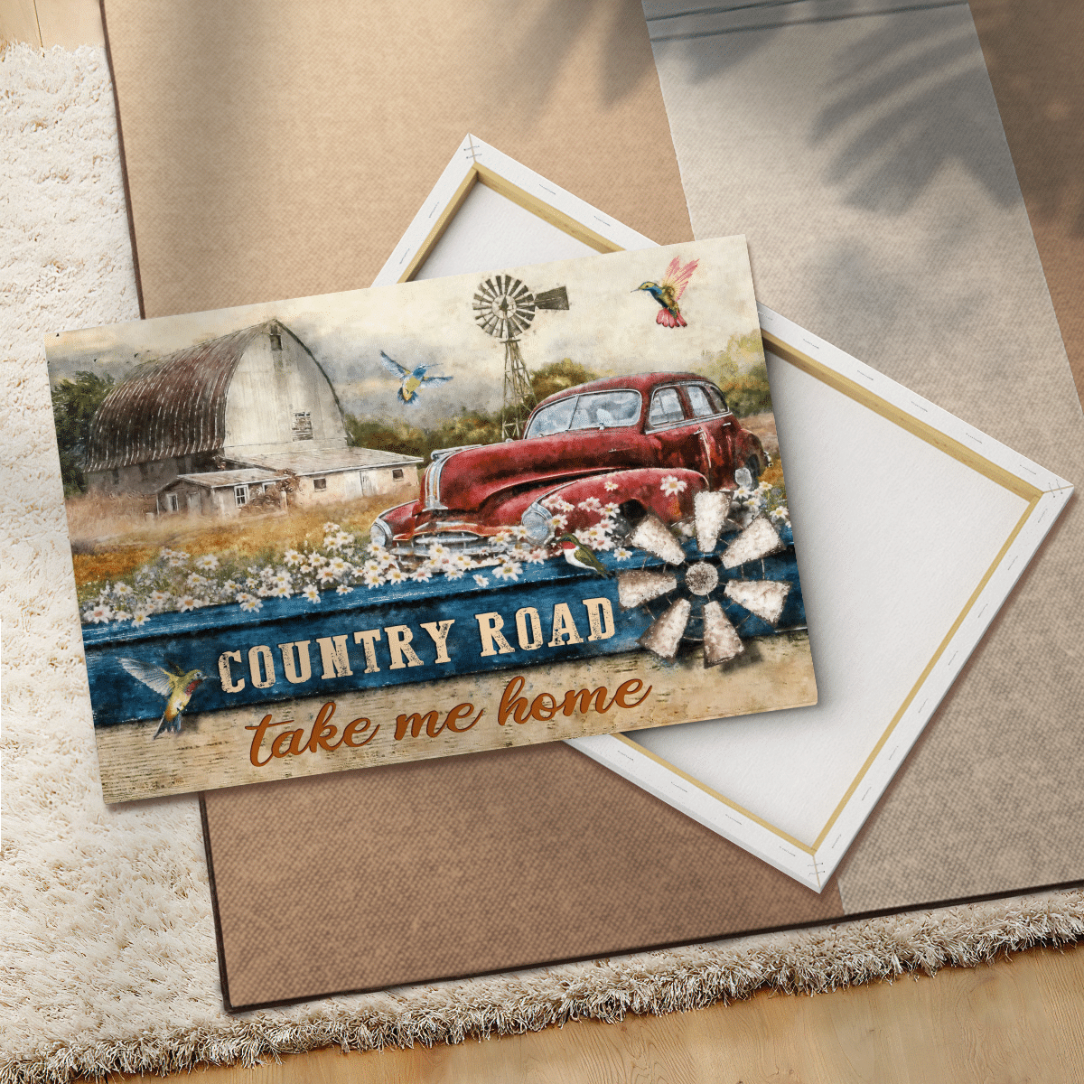 Country Road Take Me Home, Old Car, Countryside, Hummingbird, Flower, God Canvas, Christian Wall Art