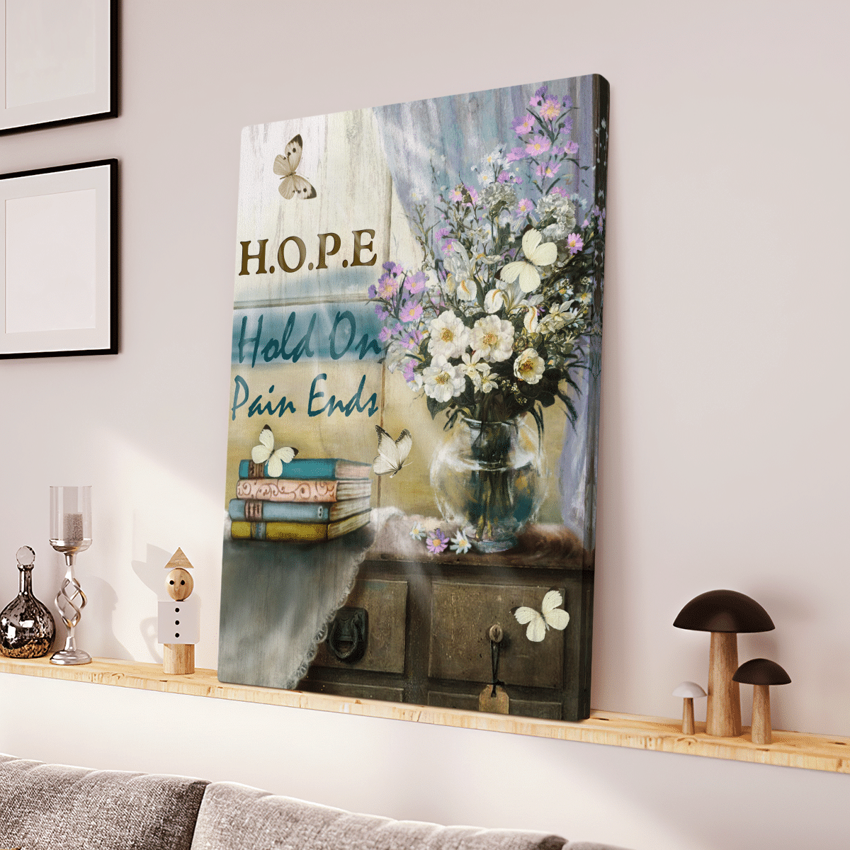 Hope, Hold On Pain Ends, Butterfly, Flower, Window, God Canvas, Christian Wall Art