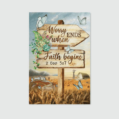 Worry Ends When Faith Begins, Old Car, Butterfly, Countryside, God Canvas, Christian Wall Art