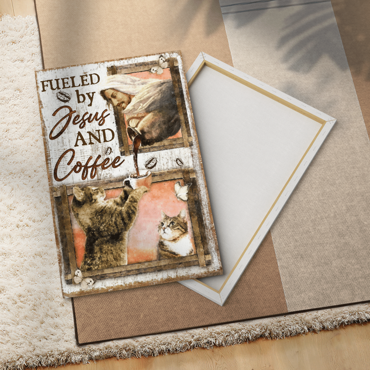 Fueled By Jesus And Coffee, Cat, Jesus, God Canvas, Christian Wall Art